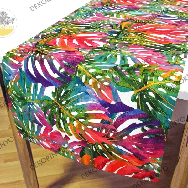 Renkli Monstera Yaprakları Desenli Runner
