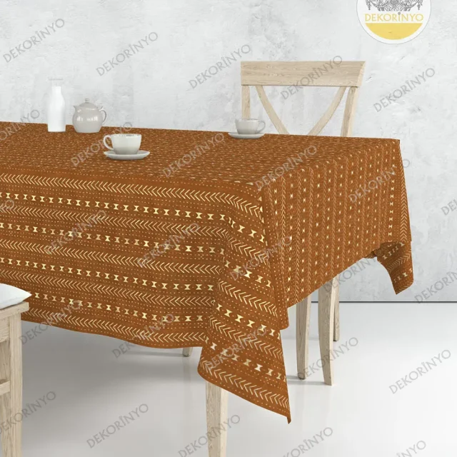 Taba Renk Aztek Motifli Masa Örtüsü