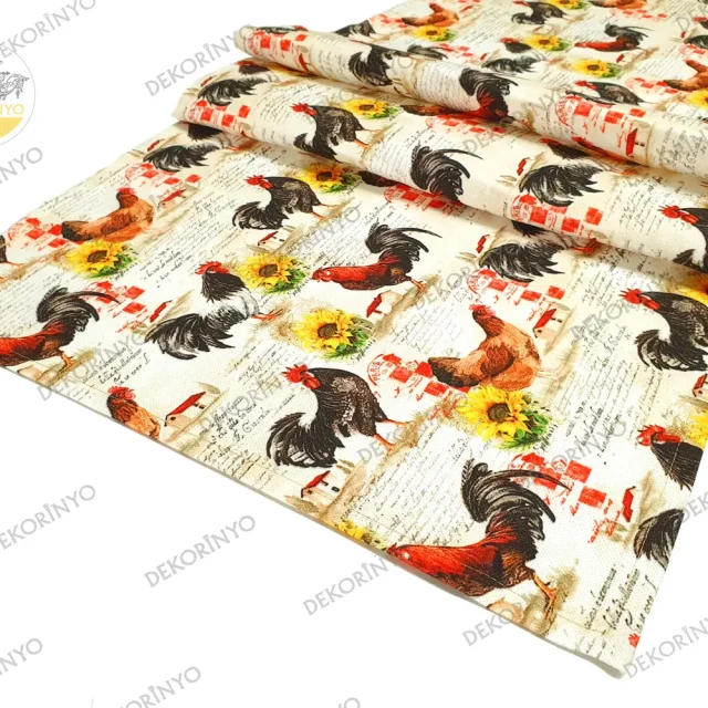 Horoz ve Tavuk Desenli Dekoratif Runner