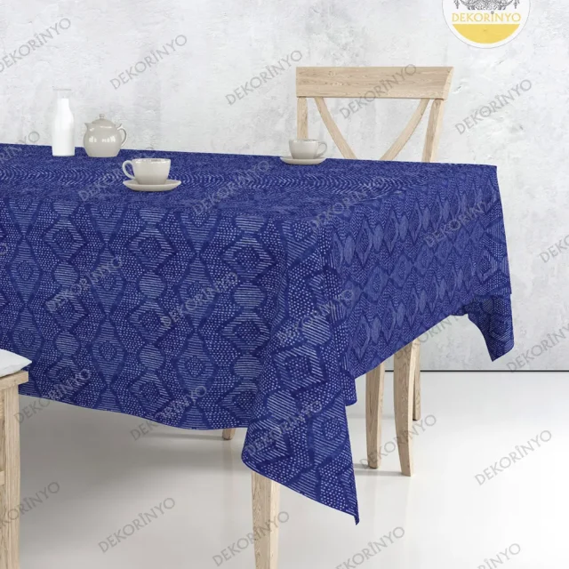 Lacivert Tribal Aztek Motifli Masa Örtüsü