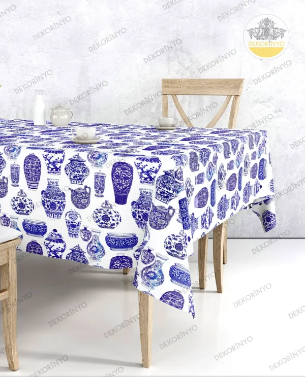 Bleu Blanc Vazo Desenli Masa Örtüsü