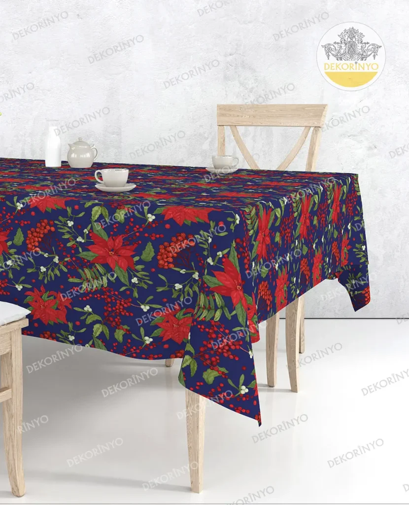 Kırmızı Yılbaşı Çiçekleri Desenli Masa Örtüsü