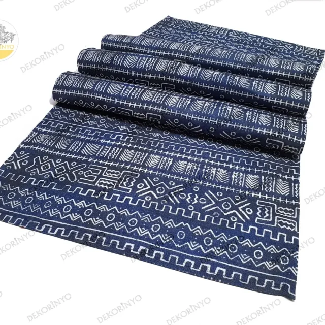 İndigo Aztek Desenli Dekoratif Runner