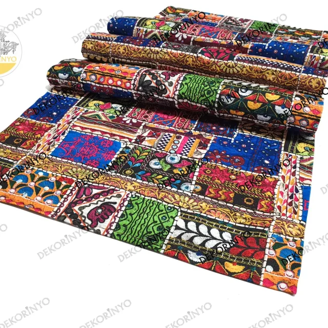 İşleme Görünümlü Özbek Desenli Dekoratif Runner