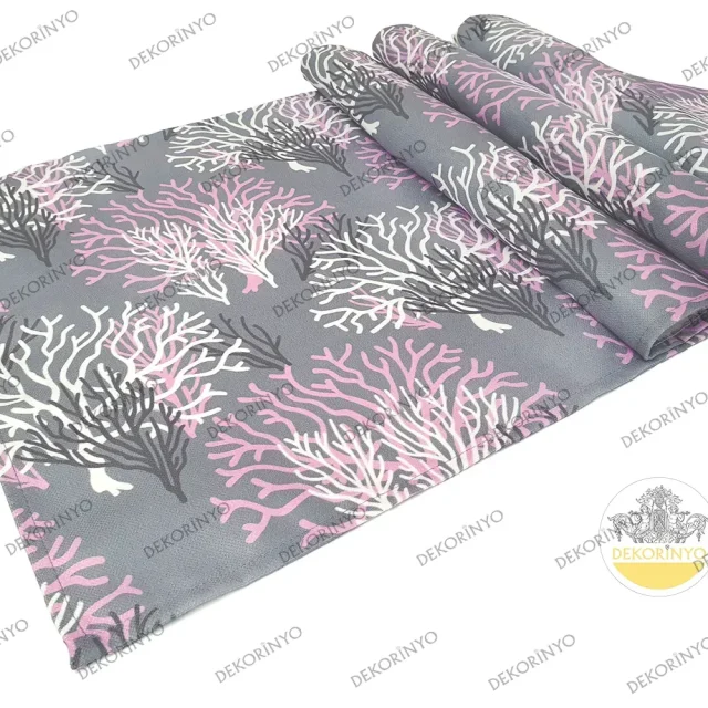 Gri Zeminli Mercan Desenli Dekoratif Runner