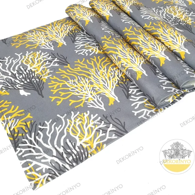 Gri Zeminli Mercan Desenli Dekoratif Runner