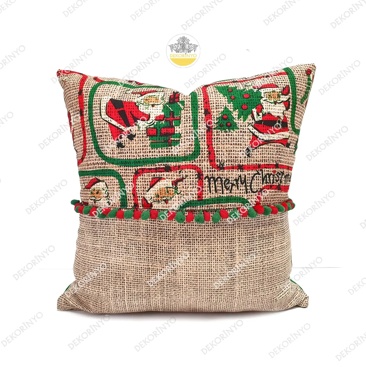 Jüt Görünümlü Noel Baba Desenli Kırlent