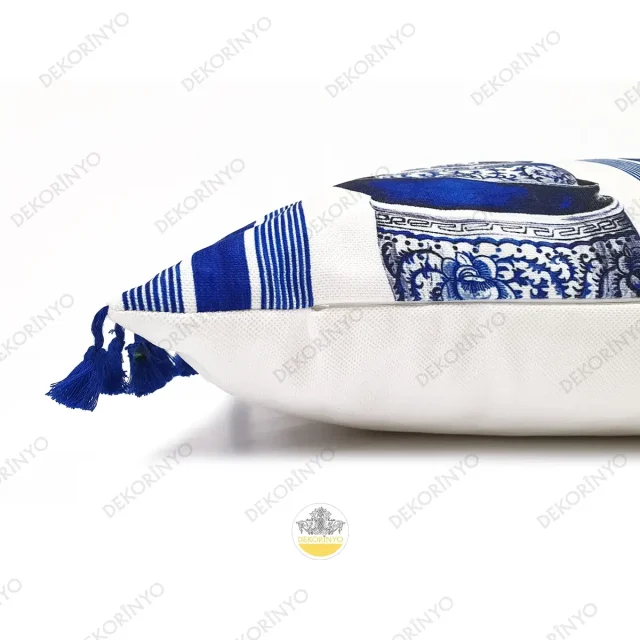 Bleu Blanc Kase Motifli Püsküllü Kırlent