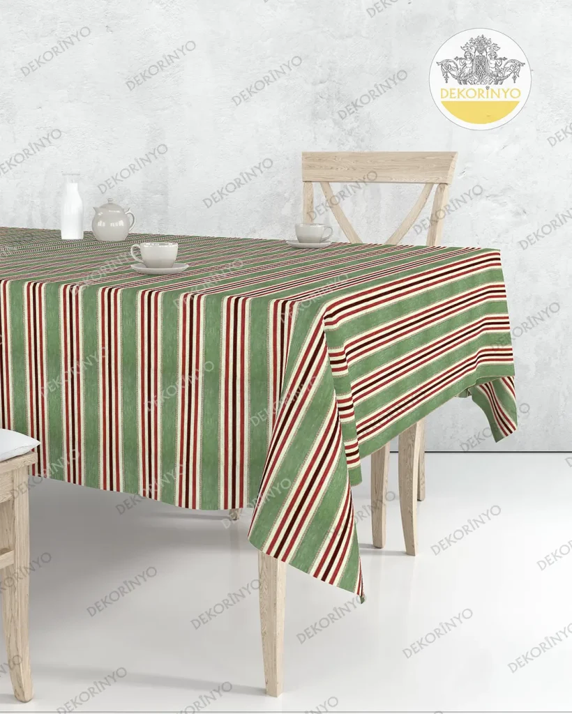 Keten Efektli Retro Çizgili Masa Örtüsü
