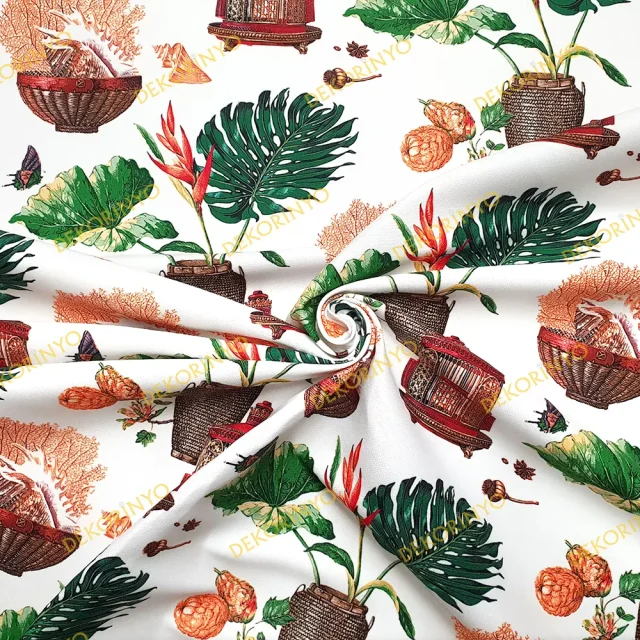 Hasır Vazolar ve Yapraklar Desenli Kumaş