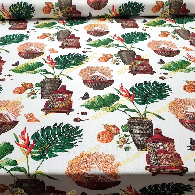 Hasır Vazolar ve Yapraklar Desenli Kumaş