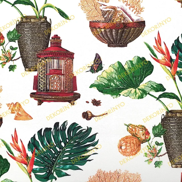 Hasır Vazolar ve Yapraklar Desenli Kumaş