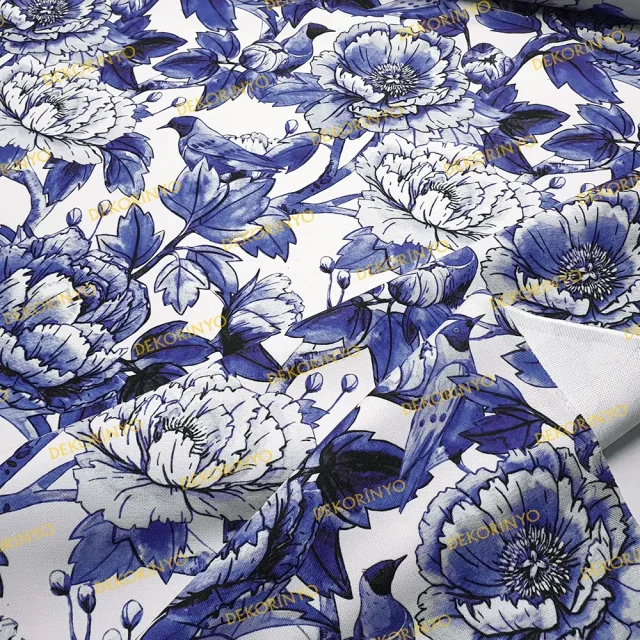 Mavi Çiçek Bahçesi ve Kuşlar Desenli Kumaş