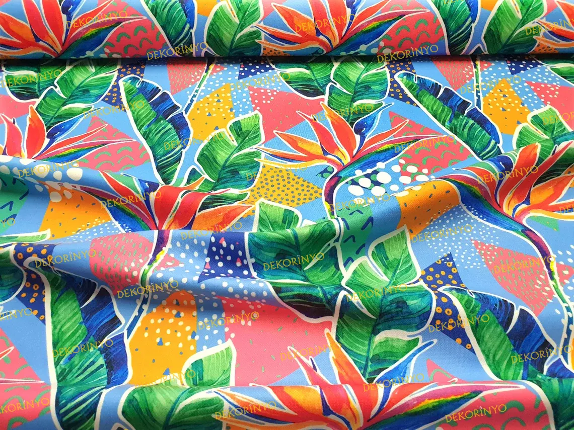 Soft Neon Tropikal Çiçekler Desenli Kumaş