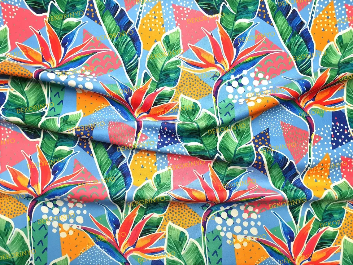 Soft Neon Tropikal Çiçekler Desenli Kumaş