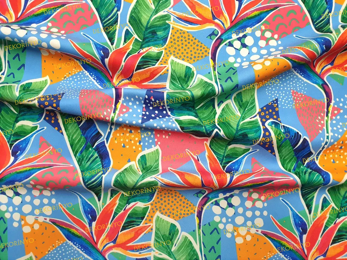 Soft Neon Tropikal Çiçekler Desenli Kumaş