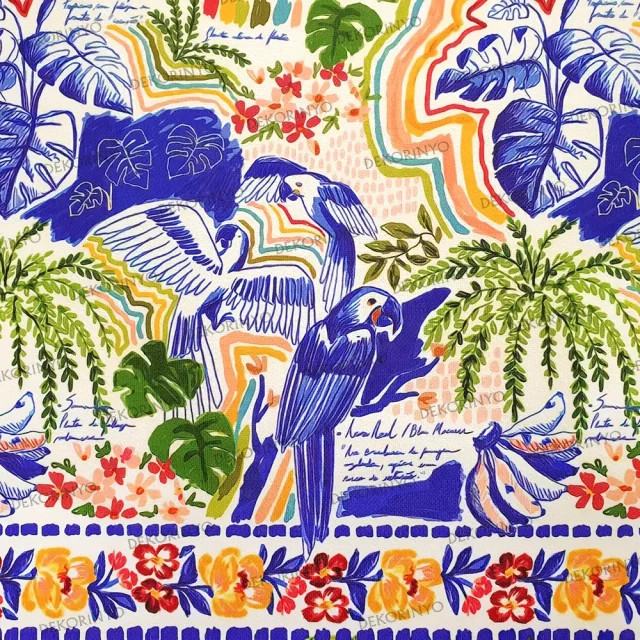 Tropikal Orman ve Papağanlar Desenli Kumaş