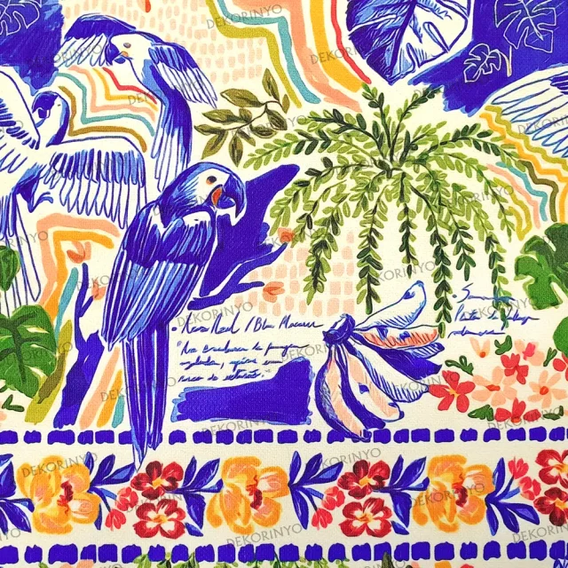 Tropikal Orman ve Papağanlar Desenli Kumaş