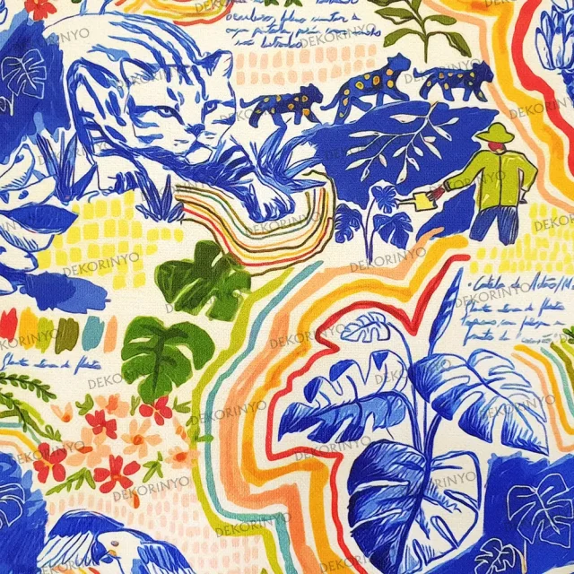 Tropikal Orman ve Papağanlar Desenli Kumaş