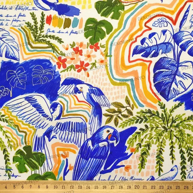 Tropikal Orman ve Papağanlar Desenli Kumaş