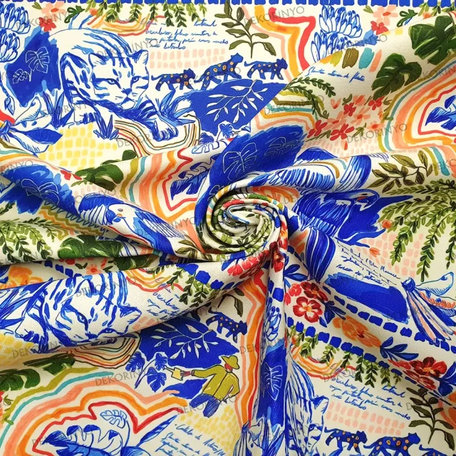 Tropikal Orman ve Papağanlar Desenli Kumaş