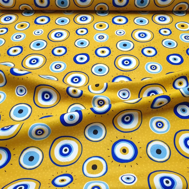 Sarı Zemin Nazar Boncuğu Desenli Kumaş