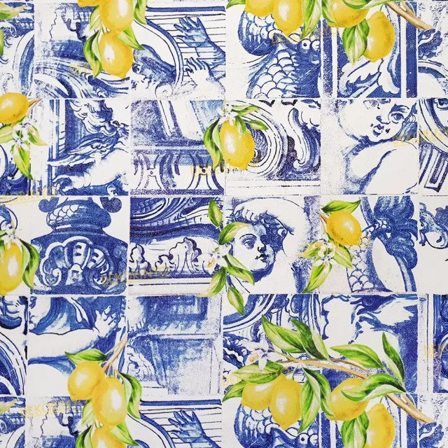 Seramik Figürler ve Limonlar Desenli Kumaş
