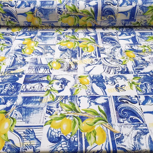 Seramik Figürler ve Limonlar Desenli Kumaş