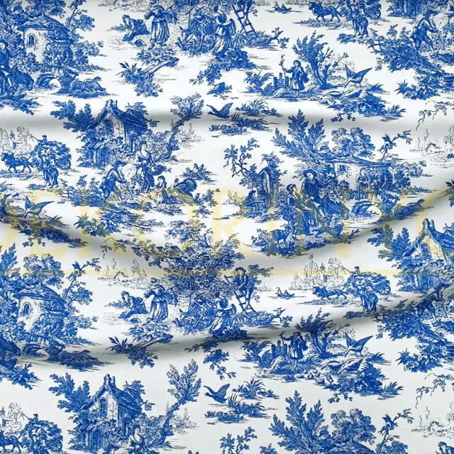 Mavi Toile de Jouy Desenli Kumaş