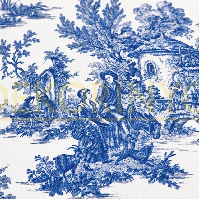 Mavi Toile de Jouy Desenli Kumaş