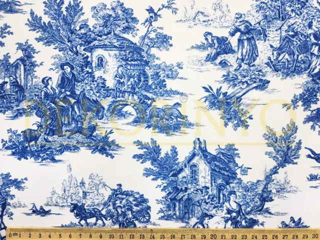 Mavi Toile de Jouy Desenli Kumaş